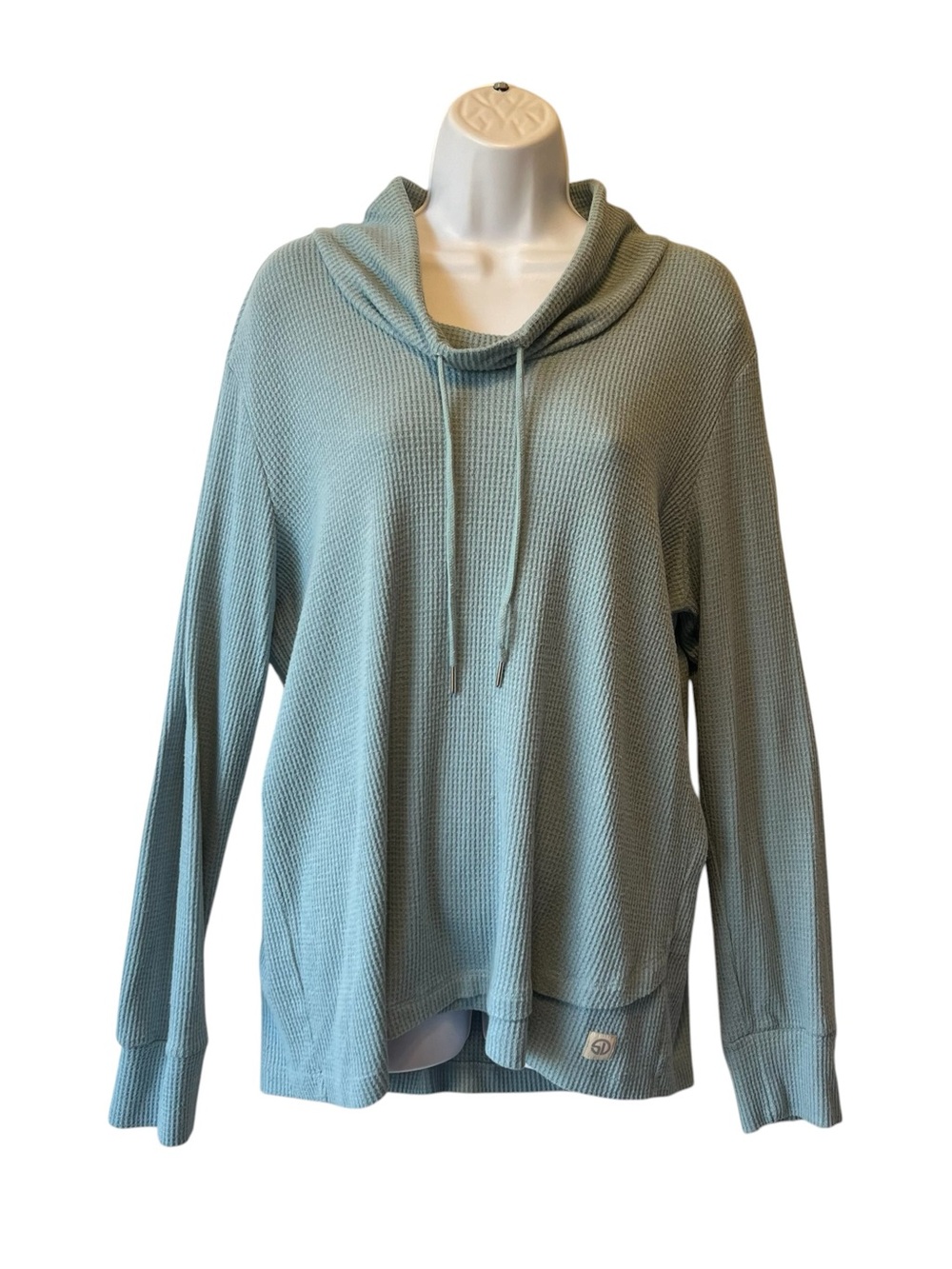 Straight Down Funnel neck top XL Light blue Womens Waffle knit Drawstring Golf